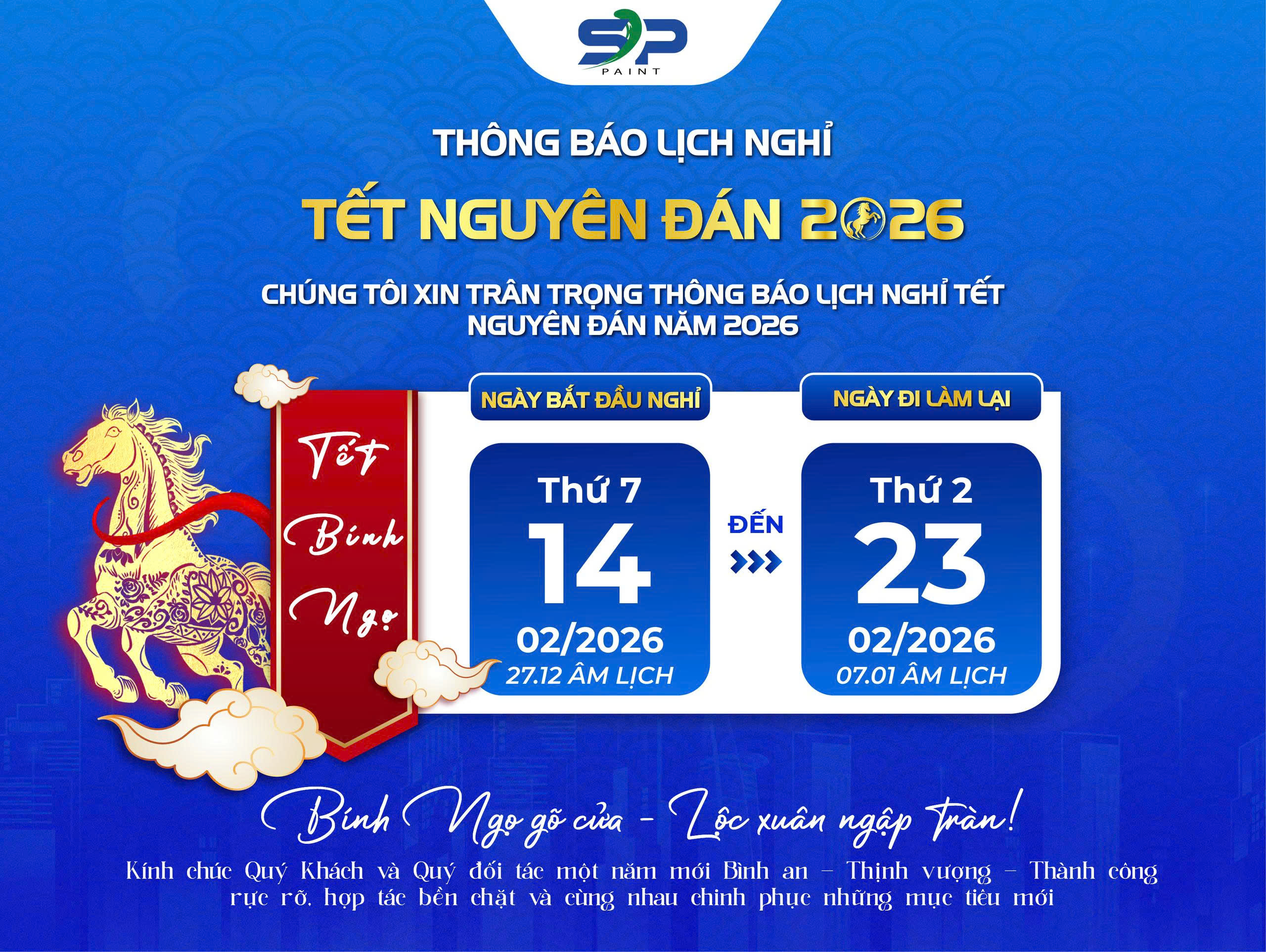 SPPAINT TRÂN TRỌNG THÔNG BÁO LỊCH NGHỈ TẾT BÍNH NGỌ 2026