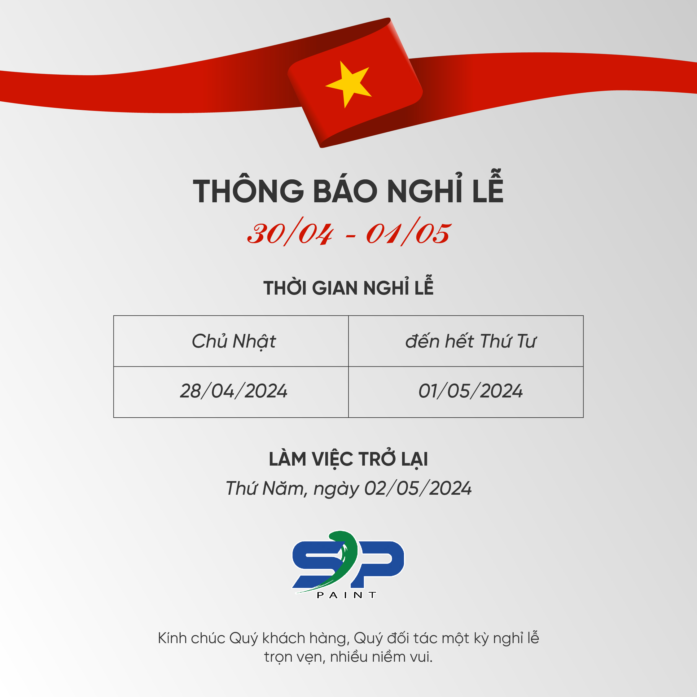 THÔNG BÁO NGHỈ LỄ 30/4 VÀ 1/5